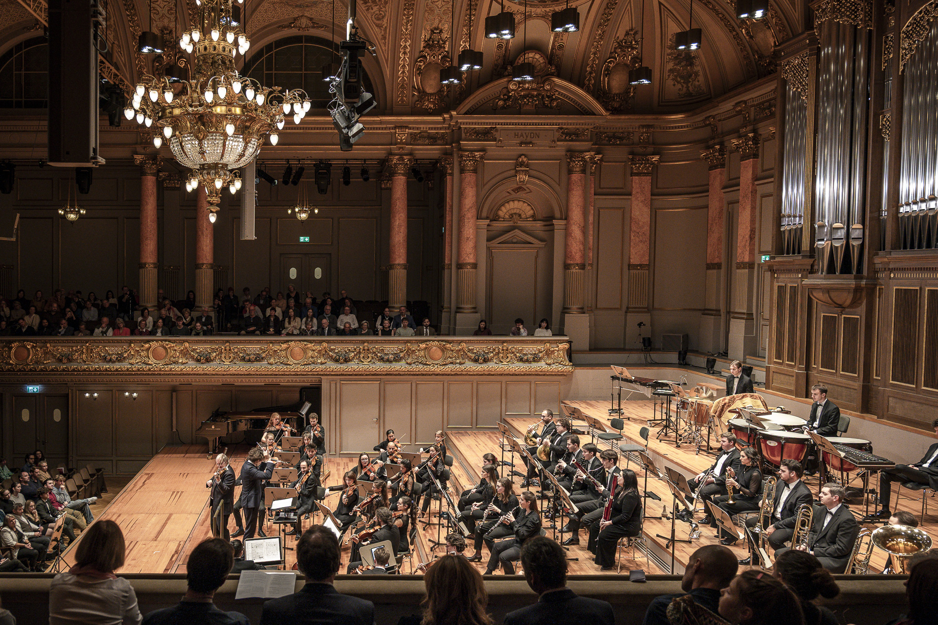 View from the gallery over the orchestra and stage of the Tonhalle Zürich